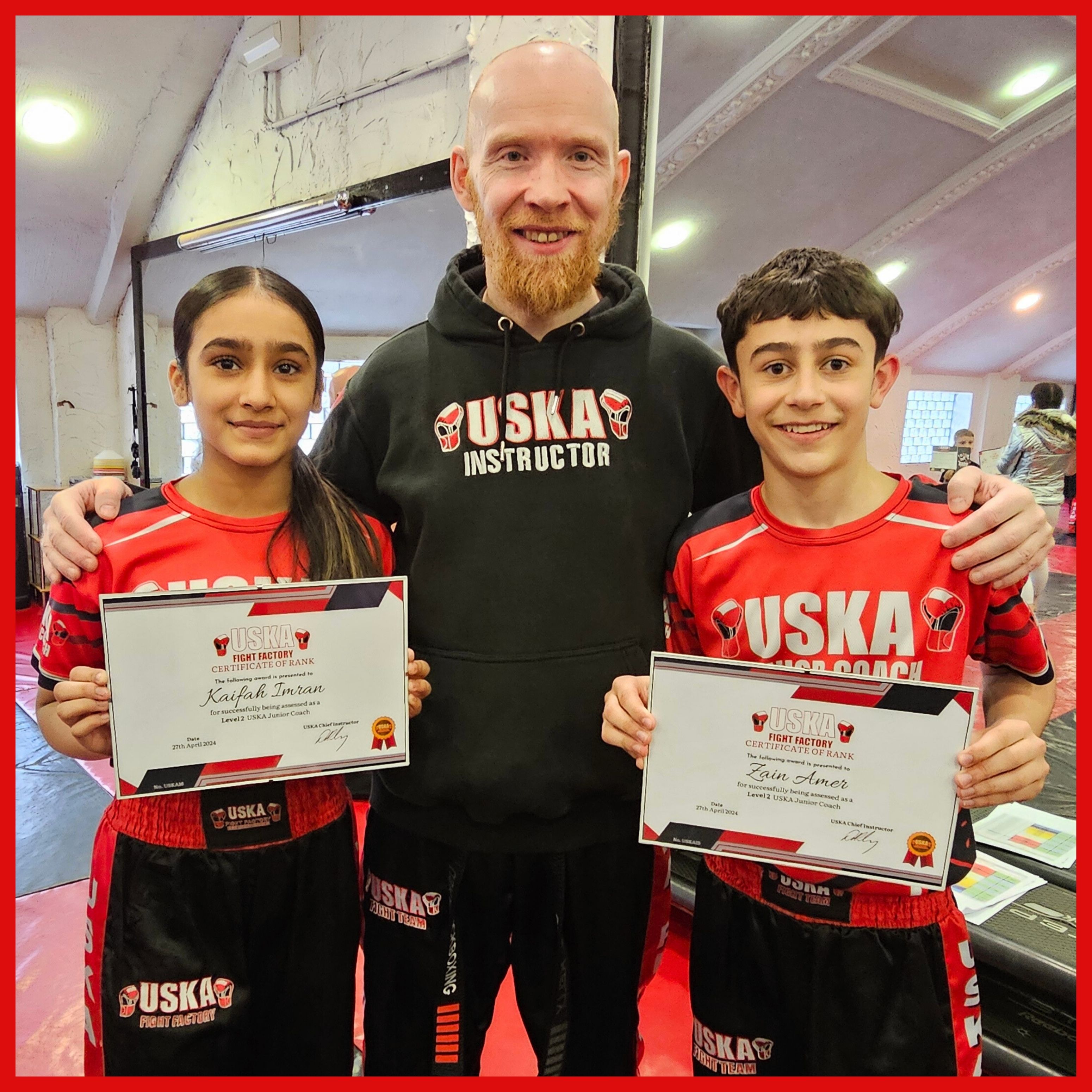 27-04-24 - Two new coaching qualifications awarded today to Zain and Kaifah at the USKA Fight Factory Gym!