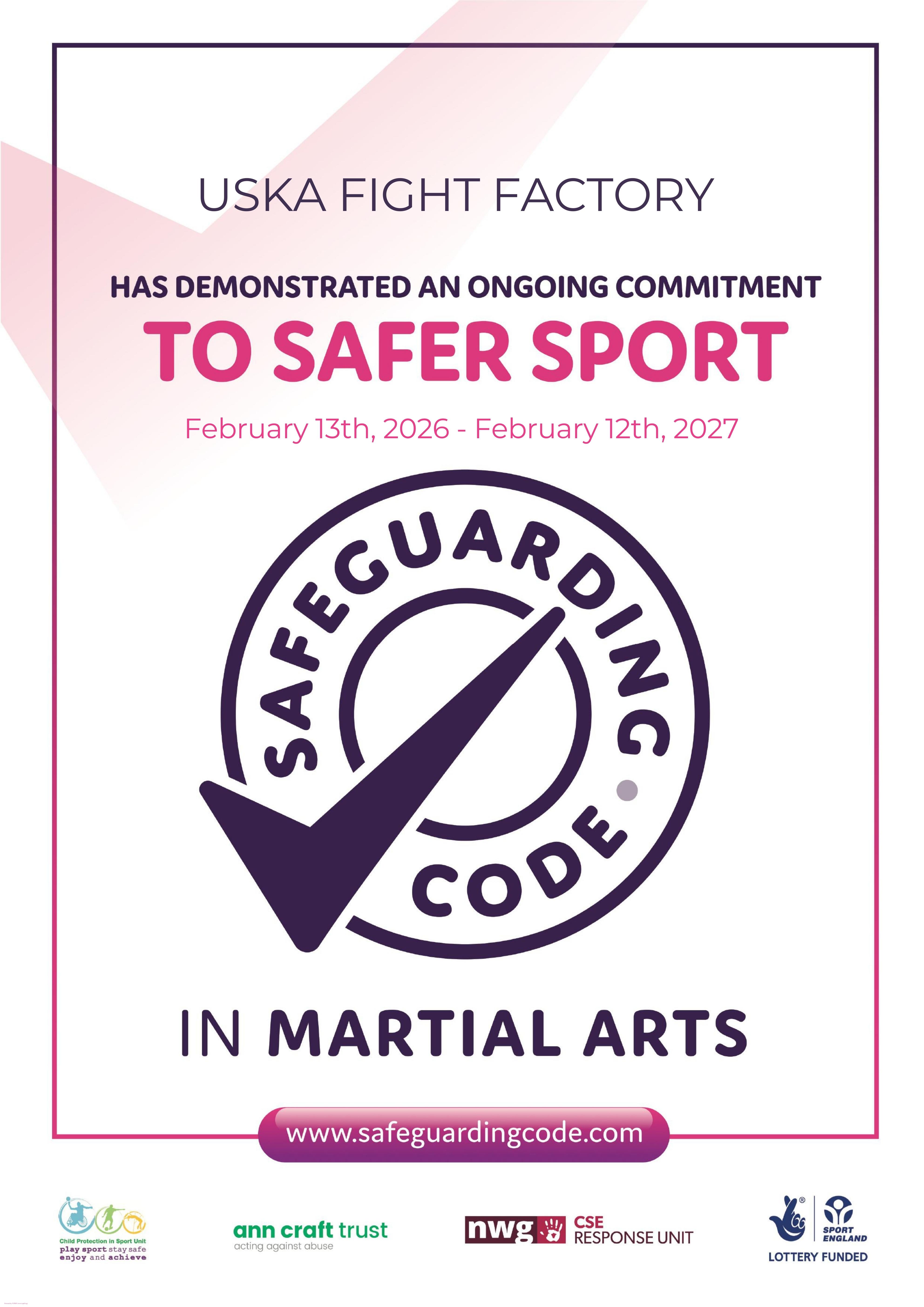 24-02-26 - USKA Fight Factory awarded Safeguarding Code for Martial Arts seal of approval for 2nd year running!